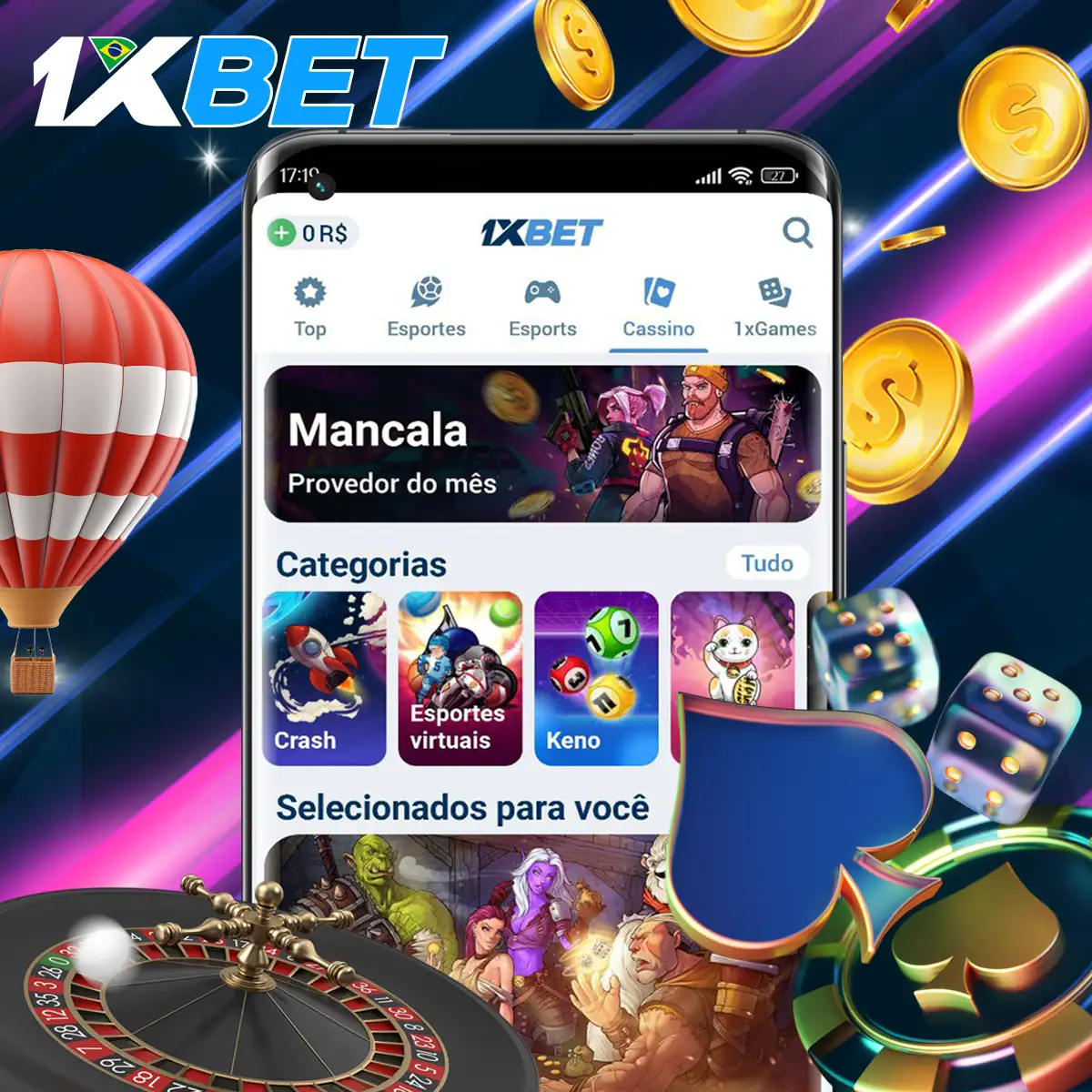 A secção de casino da aplicação 1xBet Casino.