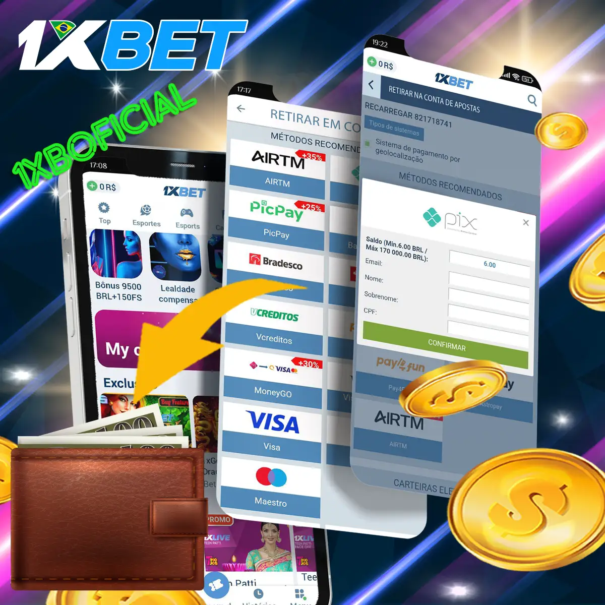 Acções para obter o bónus 1xBet no Brasil.