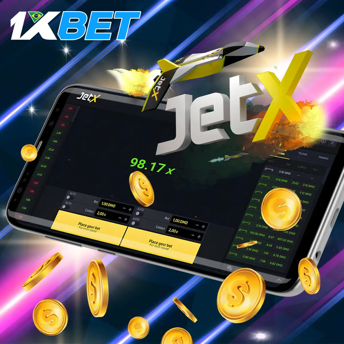 O jogo JetX na aplicação móvel 1xBet.