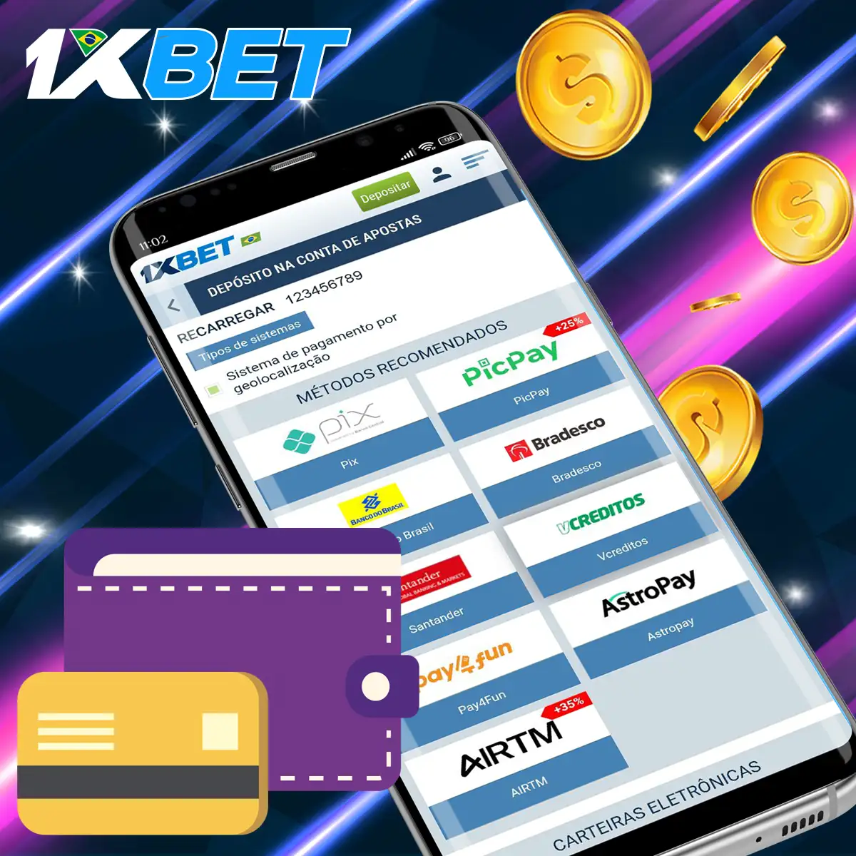 Métodos de pagamento na plataforma 1xBet.