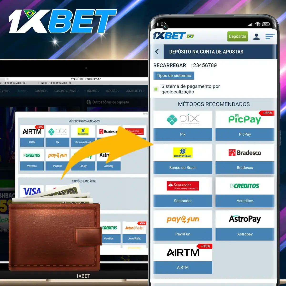 Opções de depósito disponíveis na 1xBet no Brasil.