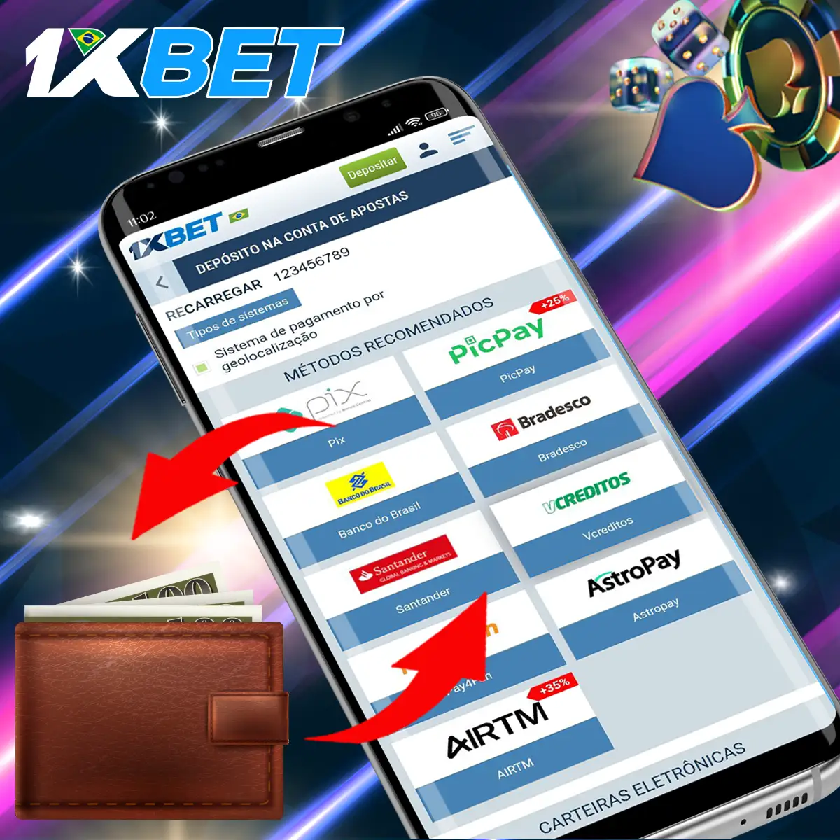 Métodos de pagamento universais na 1xBet no Brasil.